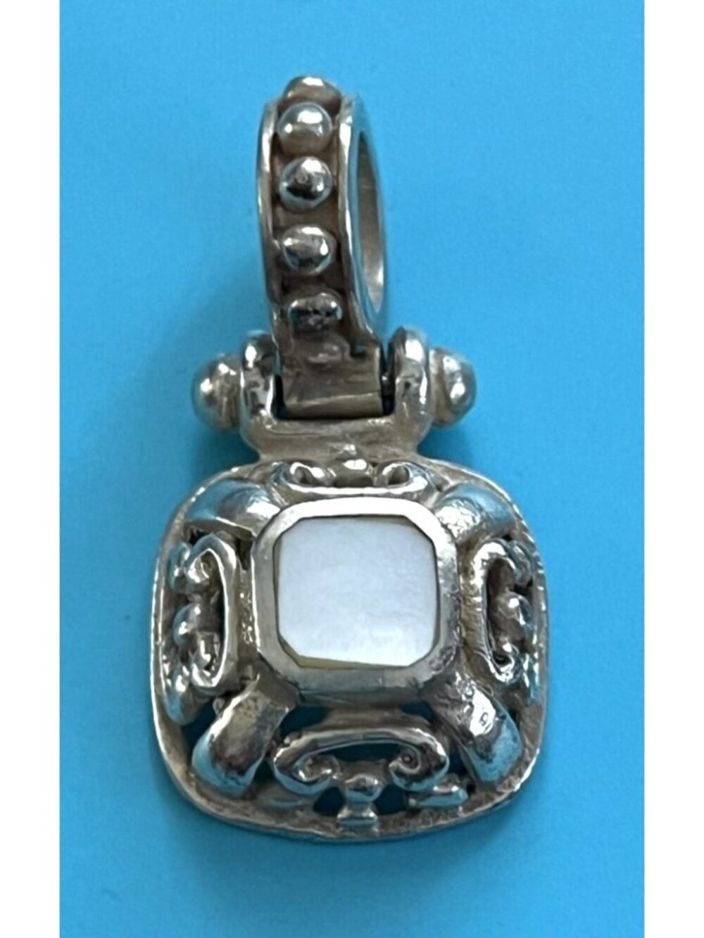 Vintage Sterling Silver Pendant With Intricate Openwork Design & Mother of Pearl
